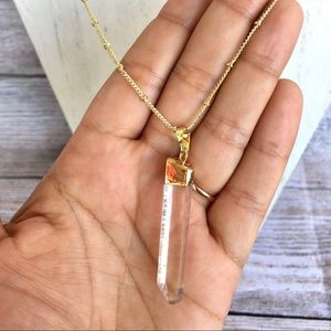 Clear Quartz Crystal Wand Necklace Charm 14K Gold